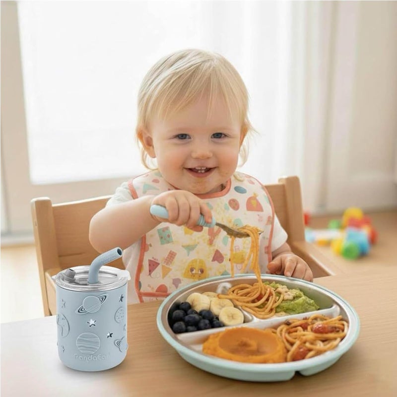 PandaEar 6-in-1 Stainless Steel Baby Feeding Set | Divided Suction Plate, Bowl, Sippy Cup with Straw, Bib, Spoon & Fork | BPA-Free Toddler Feeding Essentials for Self-Feeding (Blue) - Image 2